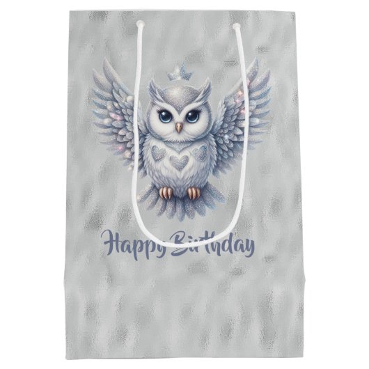 Gelukkige verjaardag Zilveren Uil op Grijs Medium Cadeauzakje (Achterkant)