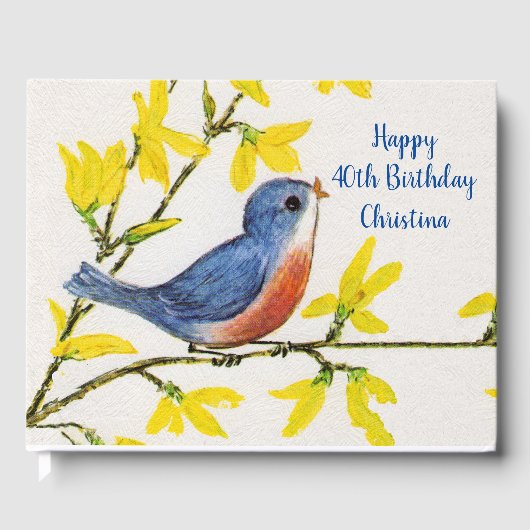 Gelukkige Verjaardag Zingend Blauwe Rode Vogel Gel Gastenboek (Voorkant)