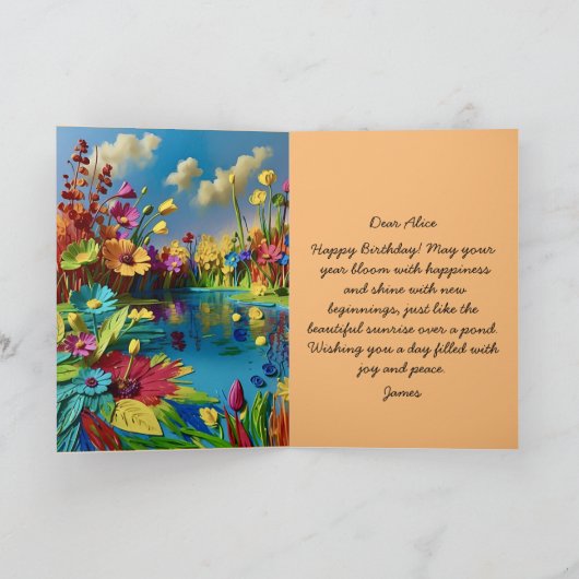 Gelukkige verjaardag zonsopgang over vijverkaart kaart (Binnen)