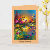 Gelukkige verjaardag zonsopgang over vijverkaart kaart (Gele Bloem)