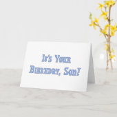 Gelukkige verjaardag, zoon, lichtblauwe letters op kaart (Gele Bloem)