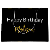 Gelukkige Verjaardag Zwart Wit en Goud Script Naam Groot Cadeauzakje (Voorkant)