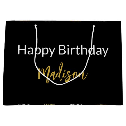 Gelukkige Verjaardag Zwart Wit en Goud Script Naam Groot Cadeauzakje
