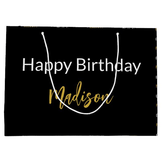Gelukkige Verjaardag Zwart Wit en Goud Script Naam Groot Cadeauzakje (Achterkant)