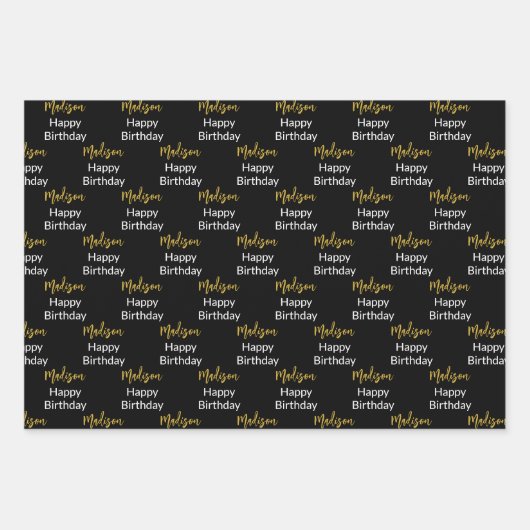 Gelukkige Verjaardag Zwart Wit en Goud Script Naam Inpakpapier Vel (Voorkant)