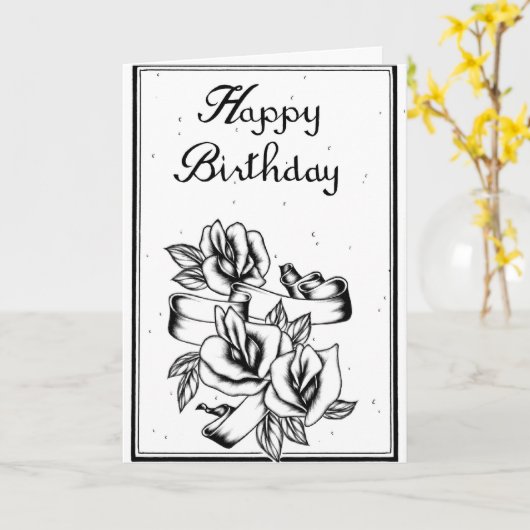 Gelukkige Verjaardag Zwarte en Witte Kaart (Gele Bloem)