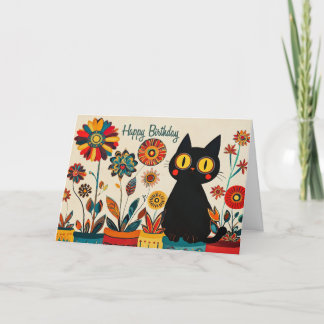 Gelukkige Verjaardag Zwarte Kat met Bloemen Bedankkaart