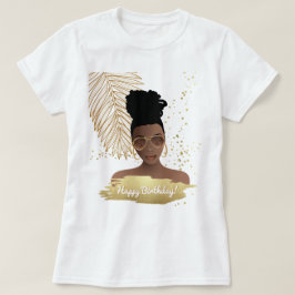 Gelukkige verjaardag, zwarte vrouw, tropisch goude t-shirt