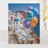 Gelukkige Verjaardagsballonnen in Santorini, Griek Kaart (Gele Bloem)