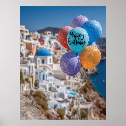 Gelukkige Verjaardagsballonnen in Santorini, Griek Poster (Voorkant)