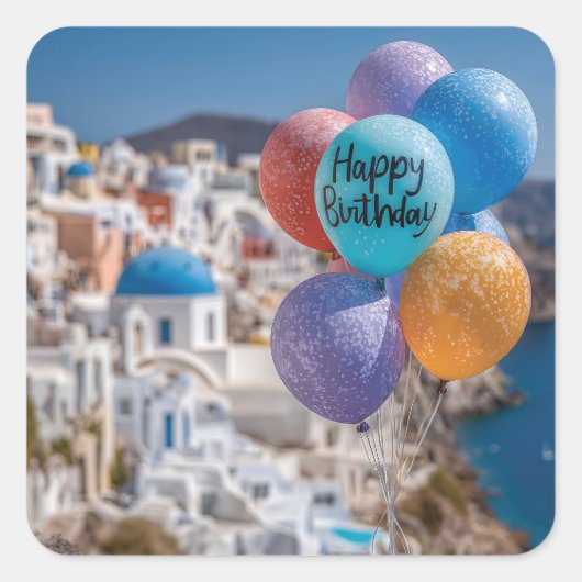 Gelukkige Verjaardagsballonnen in Santorini, Griek Vierkante Sticker (Voorkant)