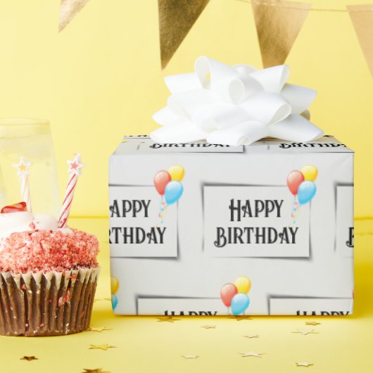 Gelukkige Verjaardagsballonnen op Grijs Cadeaupapier (Verjaardagsfeest)