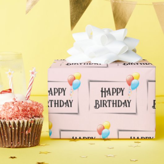 Gelukkige Verjaardagsballonnen op Roze Cadeaupapier (Verjaardagsfeest)