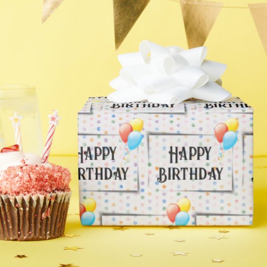 Gelukkige Verjaardagsballonnen op Stippen Cadeaupapier (Verjaardagsfeest)