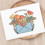 Gelukkige Verjaardagsbloemen geïllustreerd Briefkaart<br><div class="desc">Vier verjaardagen met een gepersonaliseerde touch met ons levendige "Happy Birthday"-briefkaart met een betoverende afbeelding van een overlopende envelop versierd met bloeiende bloemen. Laat uw warme wensen in stijl zien terwijl u dit charmante briefkaart aanpast met uw eigen oprechte boodschap. Of het nu dichtbij of ver is, stuur je verjaardagsgroeten...</div>