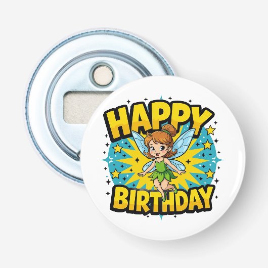 Gelukkige Verjaardagsfee Button Flesopener (Voorkant)