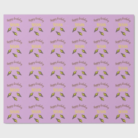 Gelukkige verjaardagsgele ijsjes op paarse cadeaupapier (Vlak)