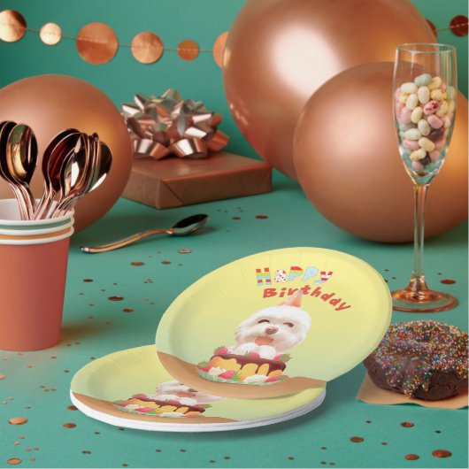 Gelukkige Verjaardagshond met Cake Papieren Bordje (Multi)