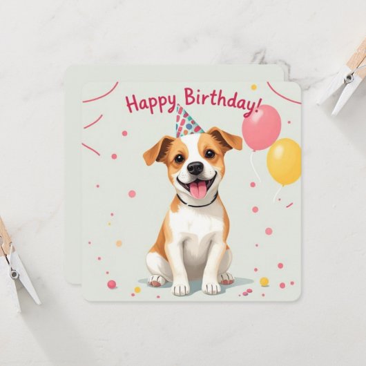 Gelukkige Verjaardagshond met Feest Pet & Ballonne Kaart (Voorkant / Achterkant in situ)
