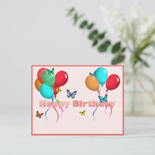 Gelukkige verjaardagskaart met ballonnen en vlinde briefkaart (Staand voorkant)