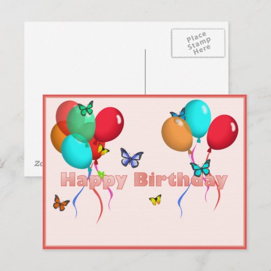 Gelukkige verjaardagskaart met ballonnen en vlinde briefkaart (Voorkant / Achterkant)