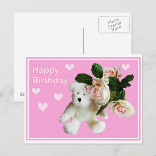 Gelukkige Verjaardagskaart Teddybeer en roze roos Briefkaart (Voorkant / Achterkant)