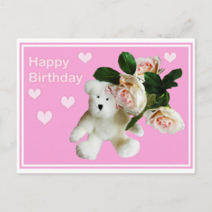 Gelukkige Verjaardagskaart Teddybeer en roze roos Briefkaart