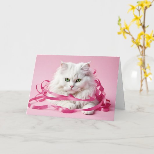 Gelukkige Verjaardagskat in Roze Linten Kaart (Gele Bloem)