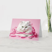 Gelukkige Verjaardagskat in Roze Linten Kaart (Voorkant)