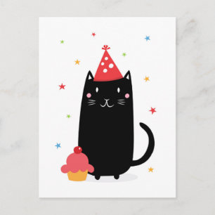 Gelukkige verjaardagskat met cupcake en party pet uitnodiging briefkaart
