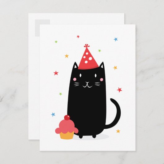 Gelukkige verjaardagskat met cupcake en party pet uitnodiging briefkaart (Voorkant / Achterkant)