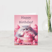 Gelukkige Verjaardagskat met Roze Taart Kaart (Voorkant)