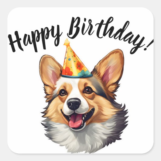 Gelukkige Verjaardagskegel Corgi Vierkante Sticker (Voorkant)