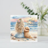 Gelukkige Verjaardagsmeisje met Puppy op het Stran Kaart (Staand voorkant)