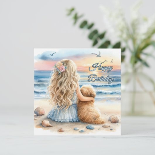 Gelukkige Verjaardagsmeisje met Puppy op het Stran Kaart (Staand voorkant)