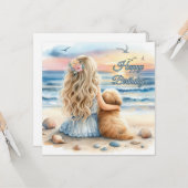 Gelukkige Verjaardagsmeisje met Puppy op het Stran Kaart (Voorkant / Achterkant in situ)