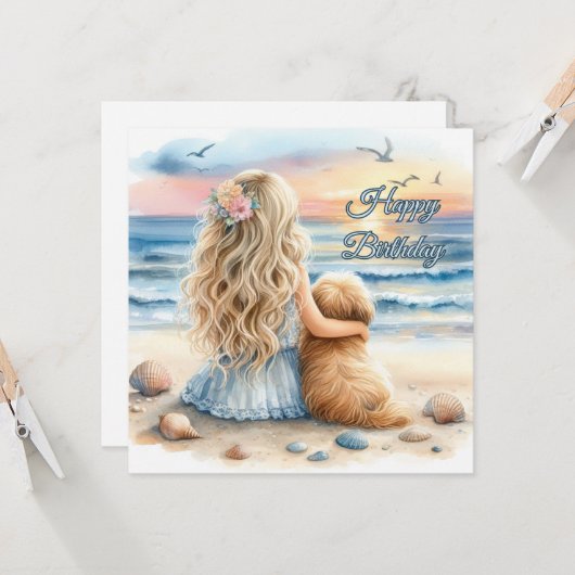 Gelukkige Verjaardagsmeisje met Puppy op het Stran Kaart (Voorkant / Achterkant in situ)