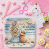 Gelukkige Verjaardagsmeisje met Puppy op het Stran Papieren Bordje (Feest)