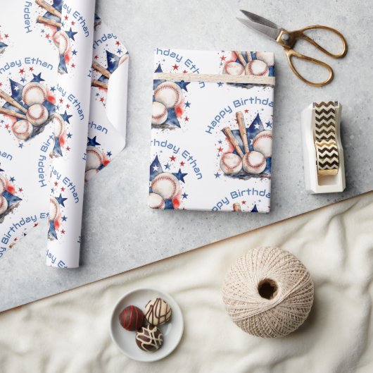 Gelukkige Verjaardagsnaam Blauwe Rode Vleermuis Ho Cadeaupapier (Crafts)