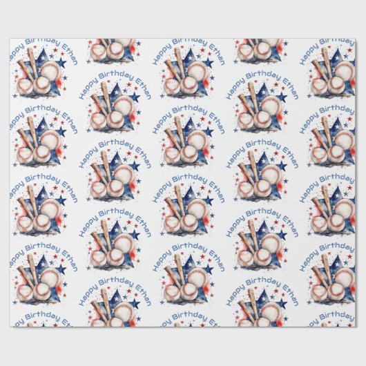 Gelukkige Verjaardagsnaam Blauwe Rode Vleermuis Ho Cadeaupapier (Vlak)