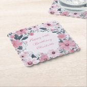 Gelukkige Verjaardagsnaam Pastel Roze Bloemen | Bl Kartonnen Onderzetters (Gebogen)