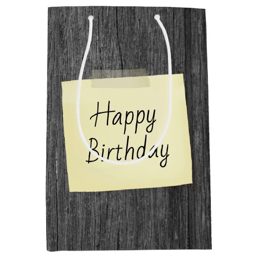 Gelukkige verjaardagsnota op grijs hout medium cadeauzakje (Voorkant)