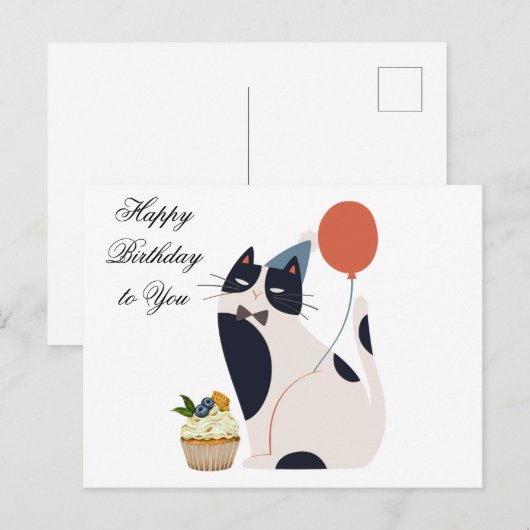 Gelukkige Verjaardagspartij Kat met Cupcake Briefkaart (Voorkant / Achterkant)