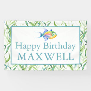 Gelukkige Verjaardagspartij Tekenen Jongen Tropisc Spandoek