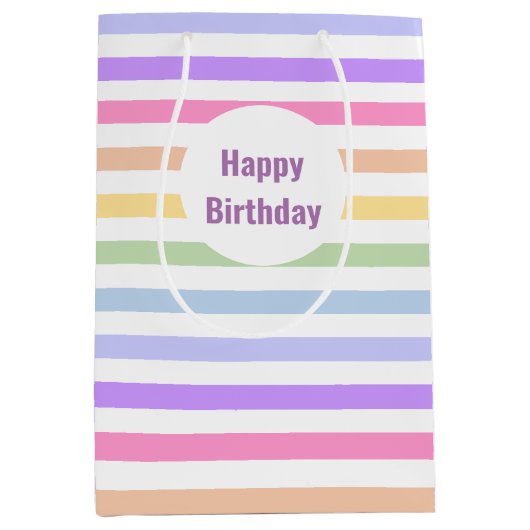 Gelukkige Verjaardagspastel Regenboog Witte Strepe Medium Cadeauzakje (Voorkant)