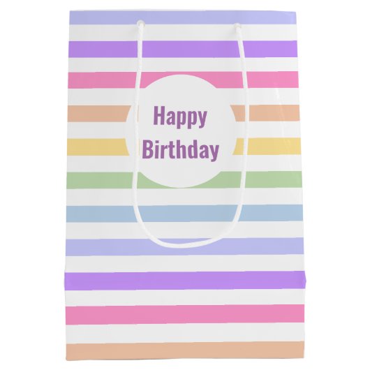 Gelukkige Verjaardagspastel Regenboog Witte Strepe Medium Cadeauzakje (Achterkant)