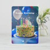 Gelukkige Verjaardagstaart Blauwe Witte Ballonnen Kaart (Staand voorkant)