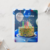 Gelukkige Verjaardagstaart Blauwe Witte Ballonnen Kaart (Voorkant / Achterkant in situ)