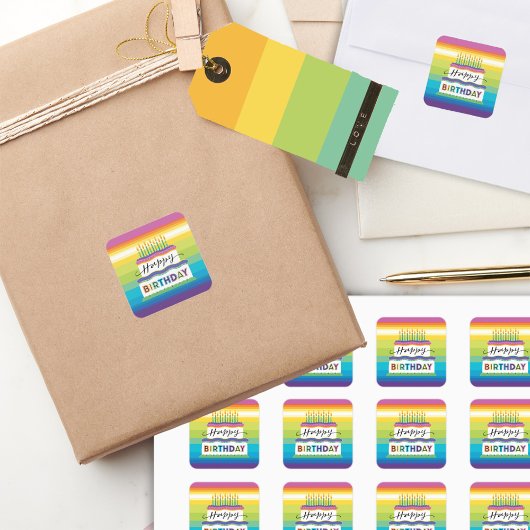 Gelukkige Verjaardagstaart Regenboog Vierkante Sticker