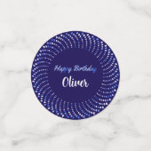 Gelukkige verjaardagstekst met blauwe hartencirkel confetti (Kleine voorkant)